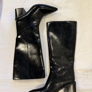 Zara Shiny Black Mid-Calf Leather Heeled Boots